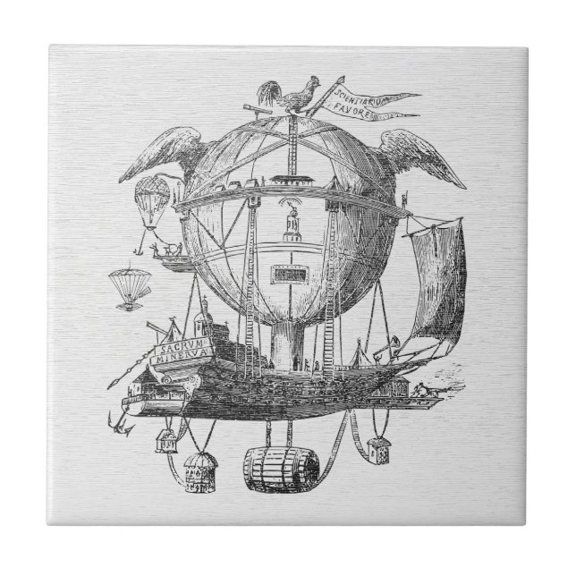 Vintage-Steampunk-Luftschiff-Keramikfliese Fliese (Vorderseite)