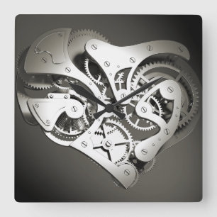 Vintage-Steampunk-Mechanisches Herz - S/W Quadratische Wanduhr