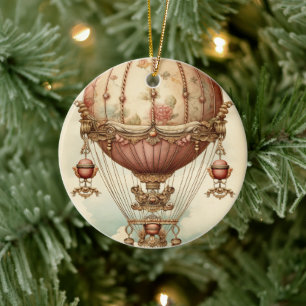 Vintage-Steampunk-Rosa-Heißluftballon Keramik Ornament