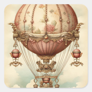 Vintage-Steampunk-Rosa Heißluftballon Quadratischer Aufkleber