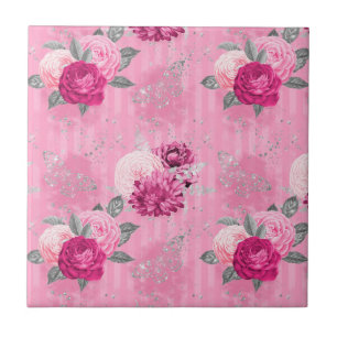 Vintage Steampunk Rosa Rosen und Silberglitter Fliese