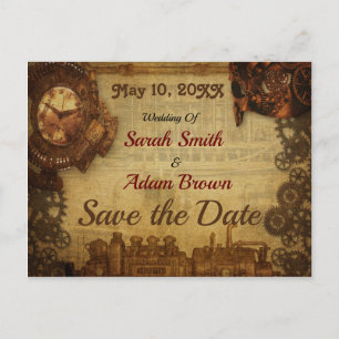 Vintage-Steampunk-Save-the-Date-Zug-Uhr-Zahnräder Ankündigungspostkarte