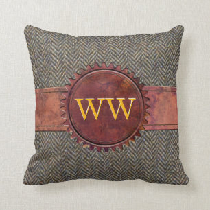 Vintage-Steampunk-Tweed und Ledermonogramm Kissen