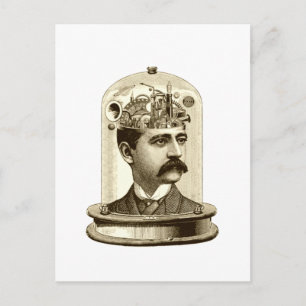 Vintage-Steampunk-Uhrwerk-Gehirn, Schnurrbart-Mann Postkarte