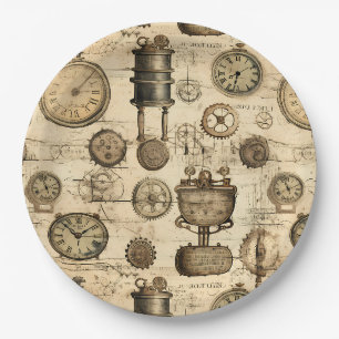 Vintage Steampunk-Uhrwerk-Pergament Braun Pappteller