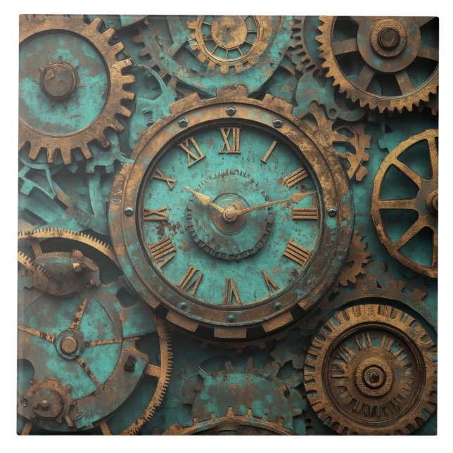 Vintage Steampunk Zahnräder & Uhrwerk Fliese (Vorderseite)