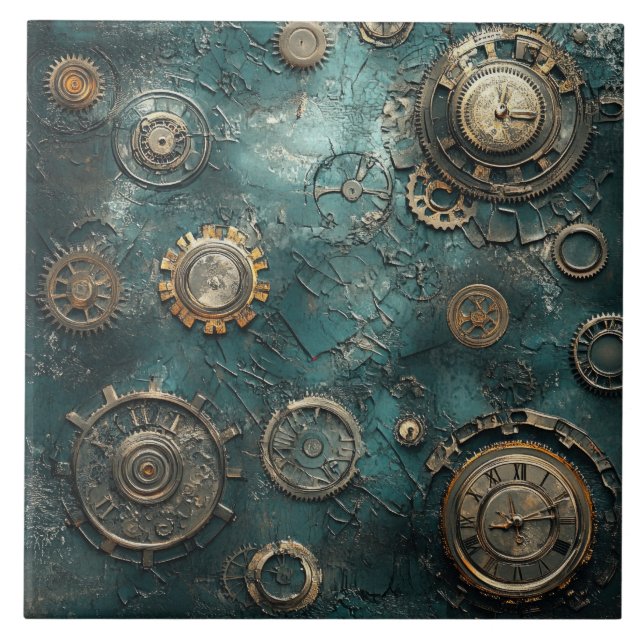 Vintage Steampunk Zahnräder & Uhrwerk Fliese (Vorderseite)