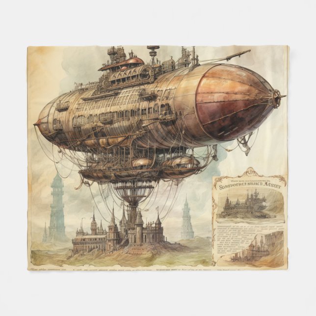 Vintage-Steampunk-Zeppelin (10) Fleecedecke (Vorderseite (Horizontal))