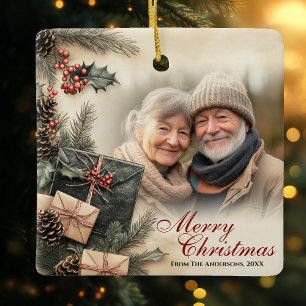 Vintage-Stechpalmen-Beeren-Beige-Foto-Weihnachten Keramikornament
