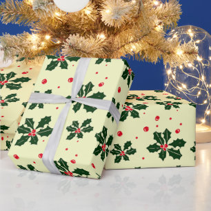 Vintage-Stechpalmen-Blätter-Cream-Weihnachtsverpac Geschenkpapier