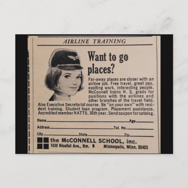 Vintage Stewardess Flight Attendant Postkarte (Vorderseite)
