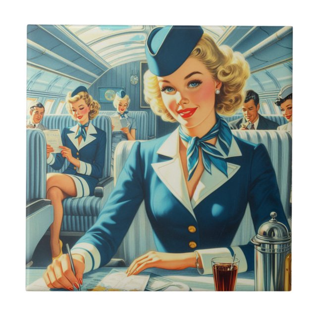 Vintage Stewardess-Illustration Fliese (Vorderseite)
