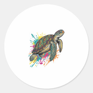 Vintage-Stich-Schildkröte-Farbsplash-Shirt_1 Runder Aufkleber