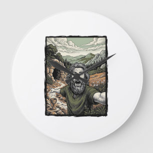 Vintage-Stich überraschte bärtige Porträt-Design Große Wanduhr