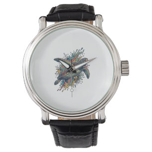 Vintage-Stichillustration Meeresschildkröte Splash Armbanduhr