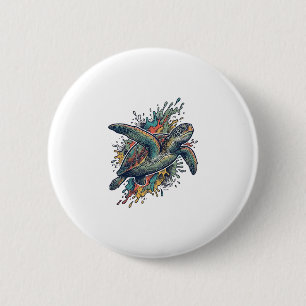 Vintage-Stichillustration Meeresschildkröte Splash Button