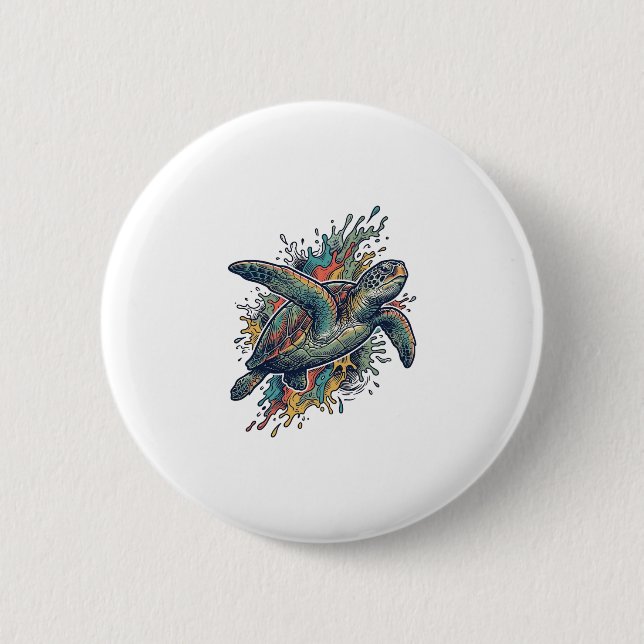Vintage-Stichillustration Meeresschildkröte Splash Button (Vorderseite)