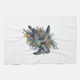 Vintage-Stichillustration Meeresschildkröte Splash Geschirrtuch