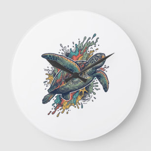 Vintage-Stichillustration Meeresschildkröte Splash Große Wanduhr