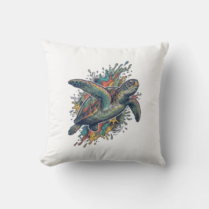 Vintage-Stichillustration Meeresschildkröte Splash Kissen