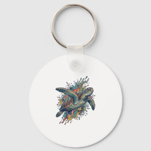 Vintage-Stichillustration Meeresschildkröte Splash Schlüsselanhänger