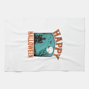 Vintage-Stichzeichnung Frohes Halloween Spukhaus D Geschirrtuch