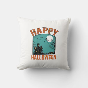 Vintage-Stichzeichnung Frohes Halloween Spukhaus D Kissen