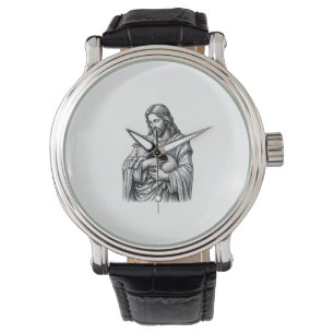 Vintage-Stichzeichnung Hirte hält Lamm Vektor Des Armbanduhr