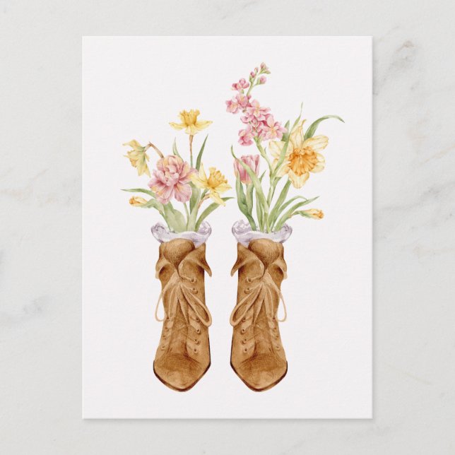 Vintage Stiefel Blume Bouquet Postkarte (Vorderseite)
