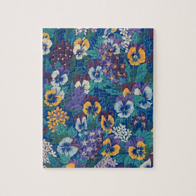 Vintage-Stiefmütterchen-Blumenmuster | Blaues Cott Puzzle (Vertikal)
