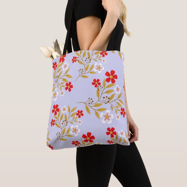 Vintage Stil hübsche rote Blumen auf blauem Muster (Von Nahem)