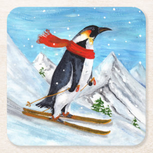 Vintage Stil Pinguin Abfahrtsskilauf Rechteckiger Pappuntersetzer