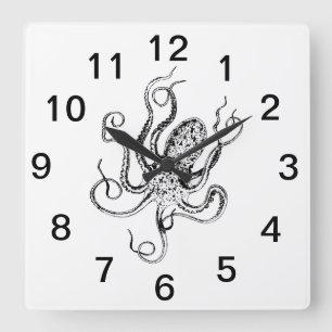 Vintage stilisierte Oktopus-Zeichnung #1 Quadratische Wanduhr