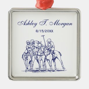 Vintage stilisierte Polo-Match Zeichne #1 Blau Ornament Aus Metall