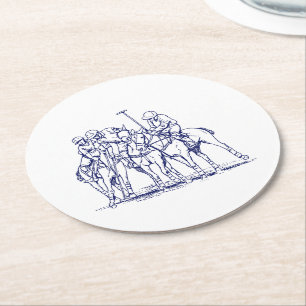 Vintage stilisierte Polo-Spiel-Zeichnung #1 Blau Runder Pappuntersetzer