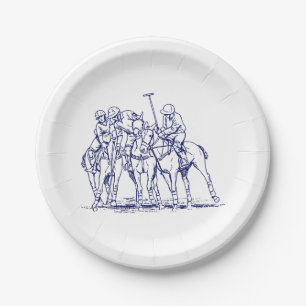 Vintage stilisierte Polospiel-Zeichnung #1 Blau Pappteller