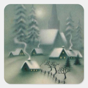 Vintage Stille Nacht Weihnachts Winter Szene Quadratischer Aufkleber