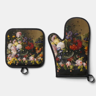 Vintage Stillleben Blume und Früchte Ofenhandschuh & Topflappen-Set