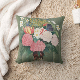 Vintage Stillleben mit rosa Blumen von Henri Rouss Kissen