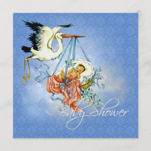 Vintage-Storch-Baby- Boy-Shower Einladung