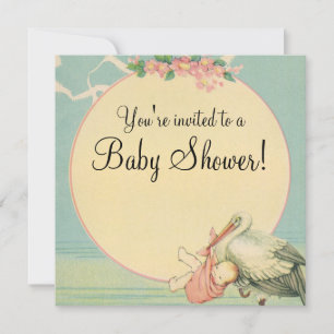 Vintage-Storch-Rosa-Decke-Baby-Shower-Einladung Einladung