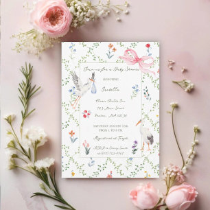 Vintage Storch, Rose und Schleife Baby Shower Einladung