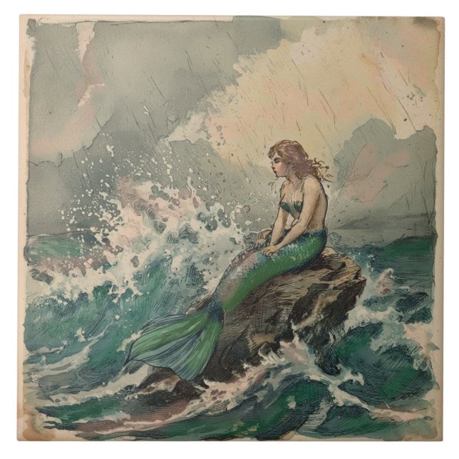 Vintage Stormy Sea with Mermaid  Fliese (Vorderseite)
