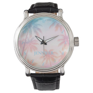 Vintage-Strand-Sonnenuntergang-Palmen Pastell Armbanduhr