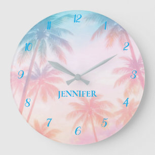 Vintage-Strand-Sonnenuntergang-Palmen Pastell Große Wanduhr