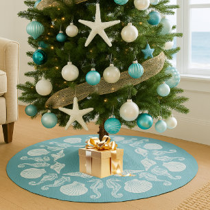 Vintage Strandhütte Muscheln Weiß Blau Polyester Weihnachtsbaumdecke