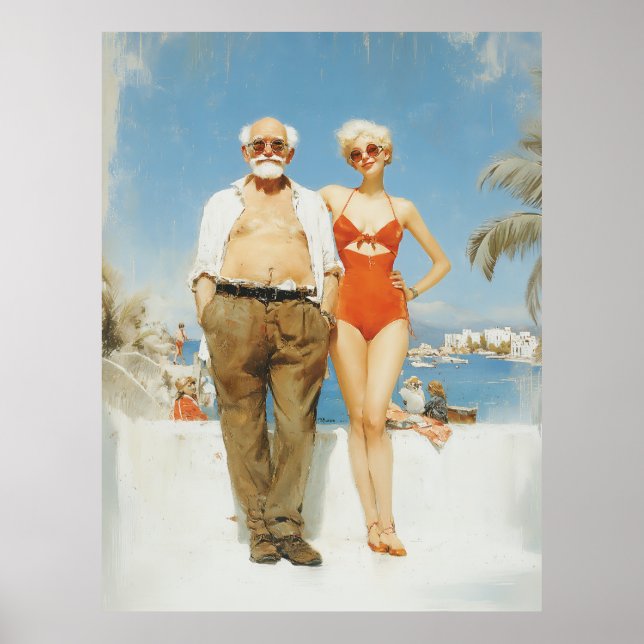 Vintage Strandpaar Sommer Kontrast Poster (Vorne)