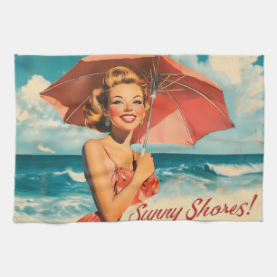Vintage-Strandurlaubsplakat: Blondes Pin-Up  Geschirrtuch