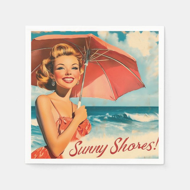 Vintage-Strandurlaubsposter: Blondes Pin-Up Serviette (Vorderseite)