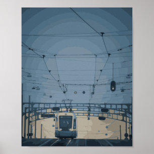 Vintage-Straßenbahn bei Sonnenuntergang im Wasserf Poster